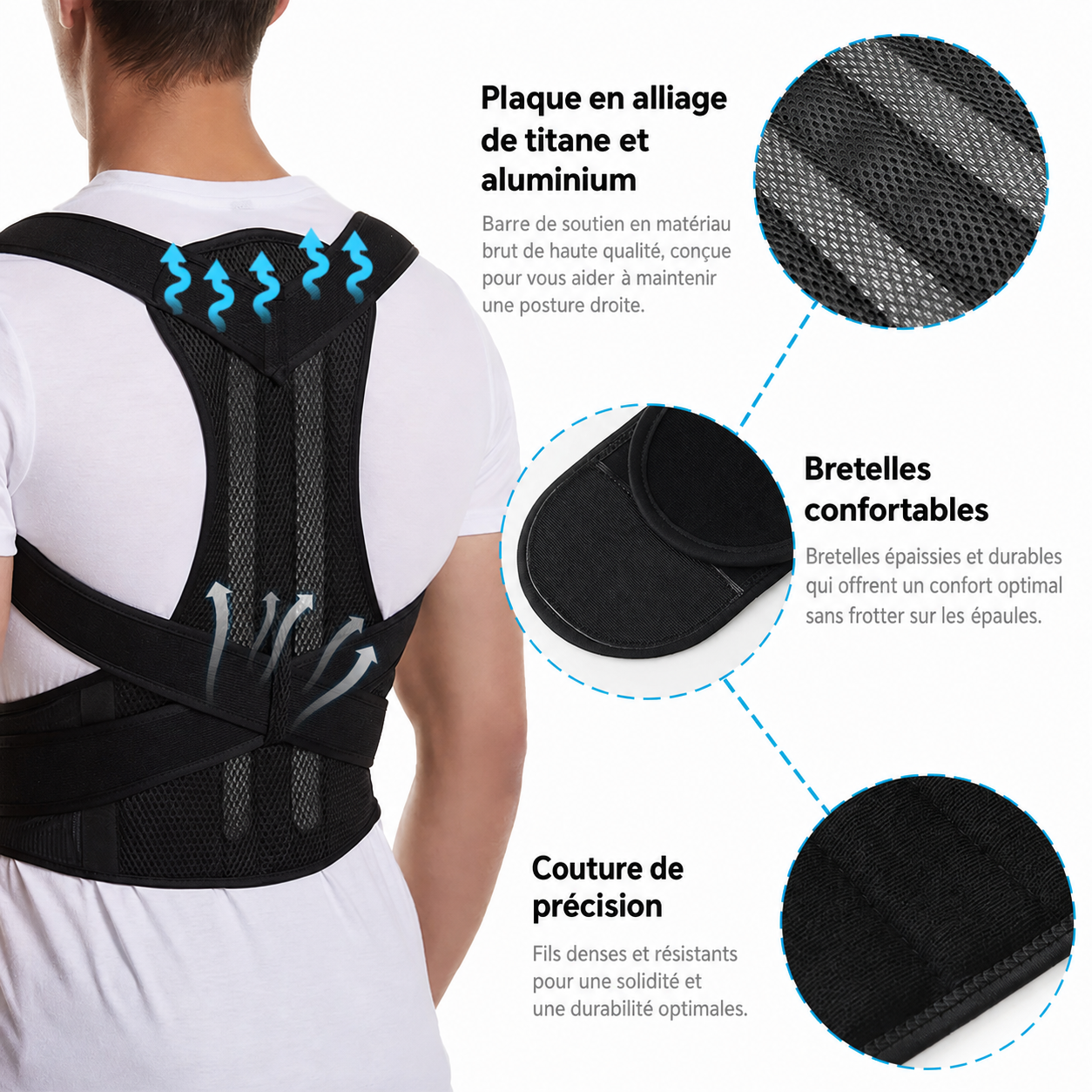 Correcteur de posture RECTIVA avec détails des sangles ajustables