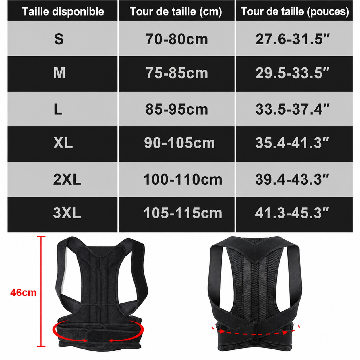 Guide des tailles du correcteur de posture RECTIVA