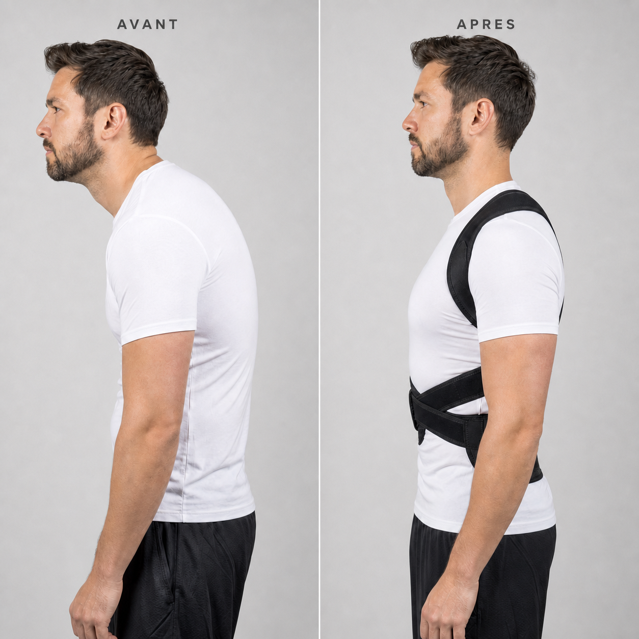 Correcteur de posture RECTIVA avant et après sur un homme de profil