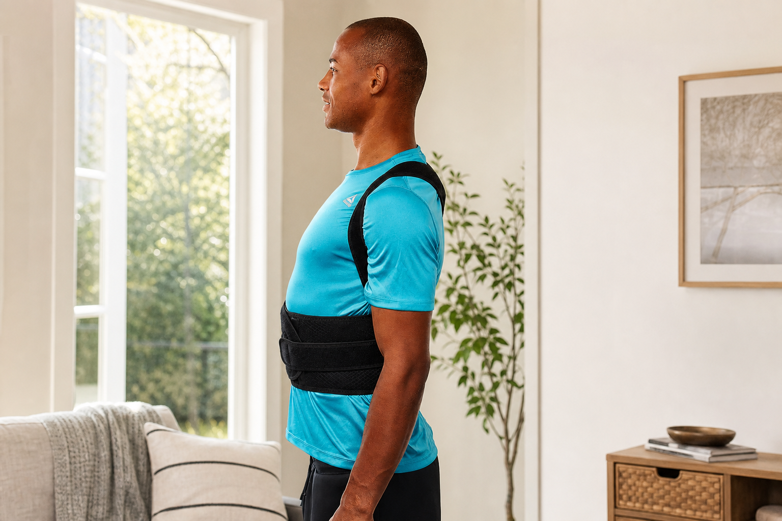 Vue arrière du correcteur de posture RECTIVA porté par une femme
