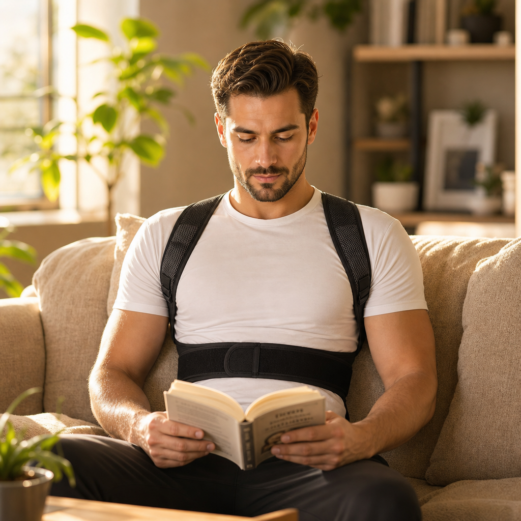 Homme assis portant le correcteur de posture RECTIVA